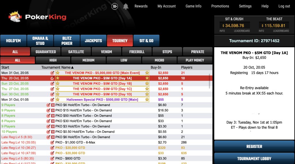 KO Tournaments in the PokerKing lobby 