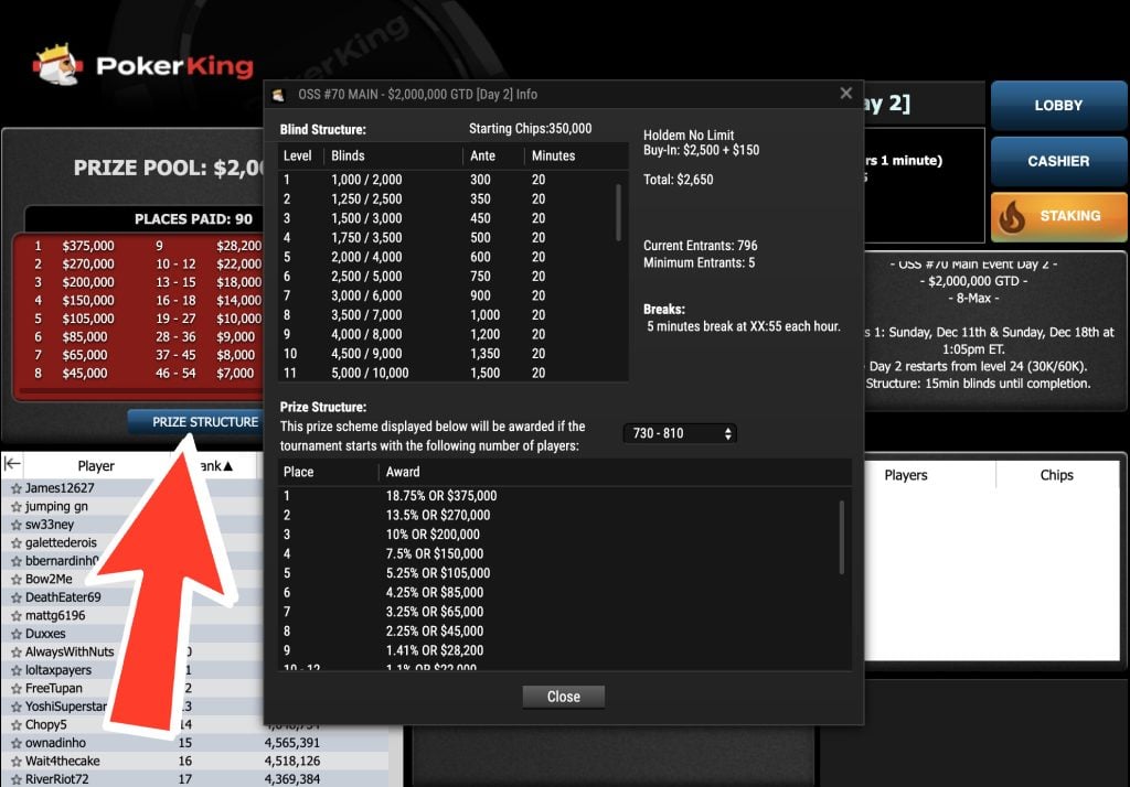 How to find prize structures in tournament lobby PokerKing