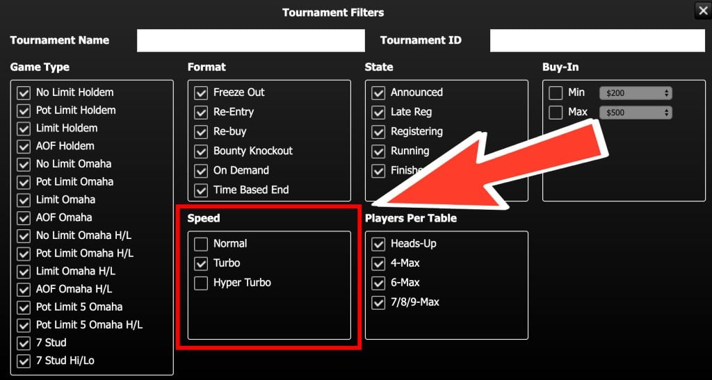 Games speeds of the tournaments filters